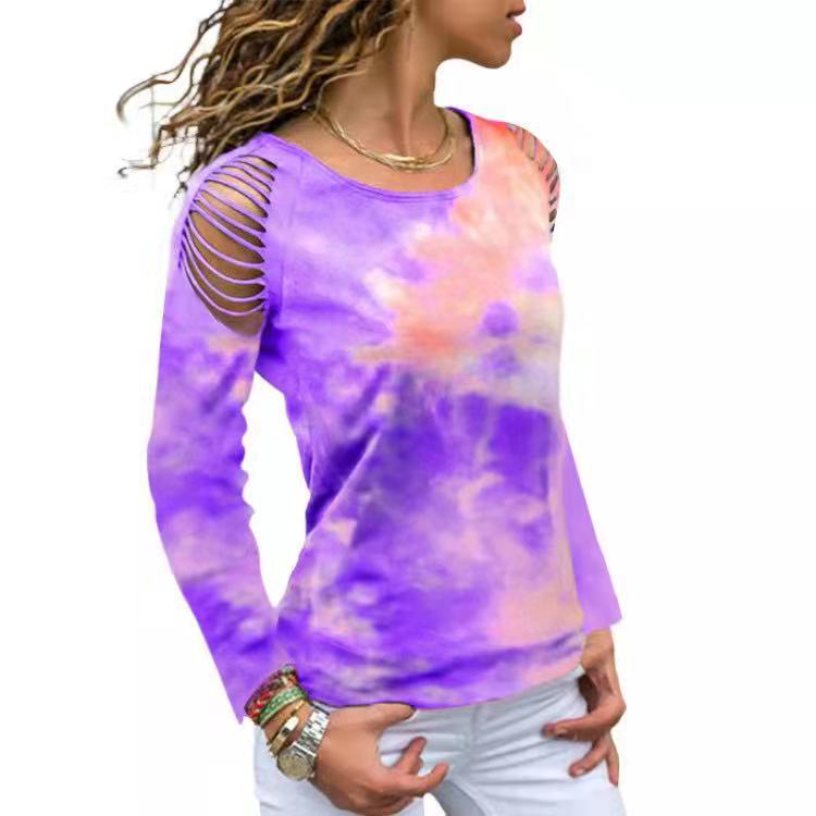 Tie-Dye Ripped Floral Off Shoulder Long Sleeve T-Shirt Plus Size Available Up To 5XL