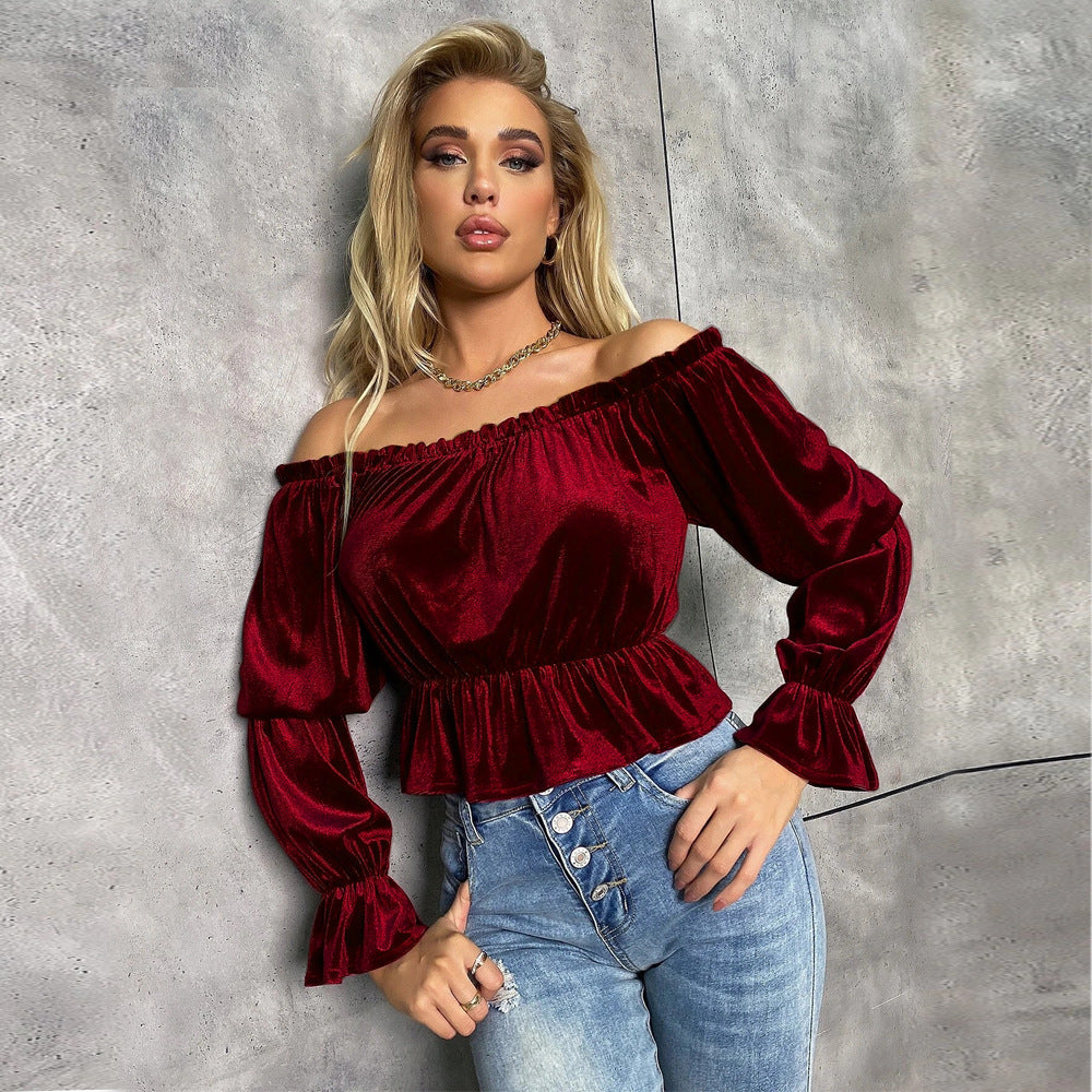 FRENCH STYLE VELVET LONG SLEEVE OFF SHOULDER TOP