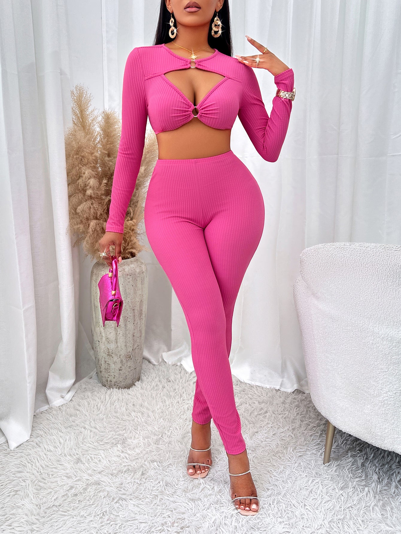 Women's V-neck Long Sleeve Leggings Suit