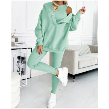 Women's Solid Colour Hoodie Vest And Trousers Set Plus Size Available