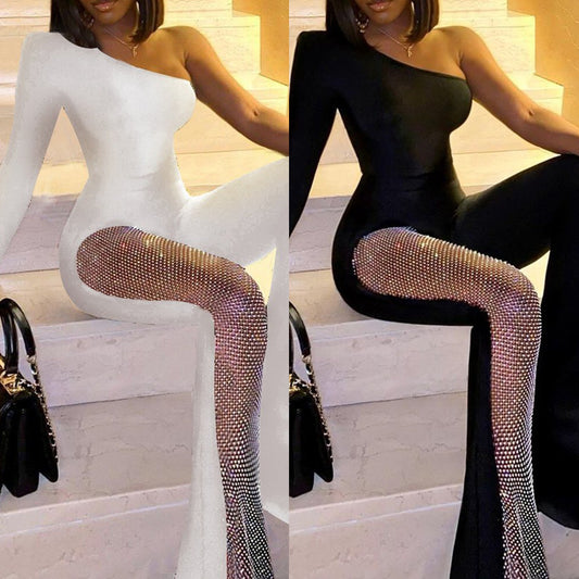 Sexy Slim Fit One Shoulder Diamond Net Micro Flare Jumpsuit