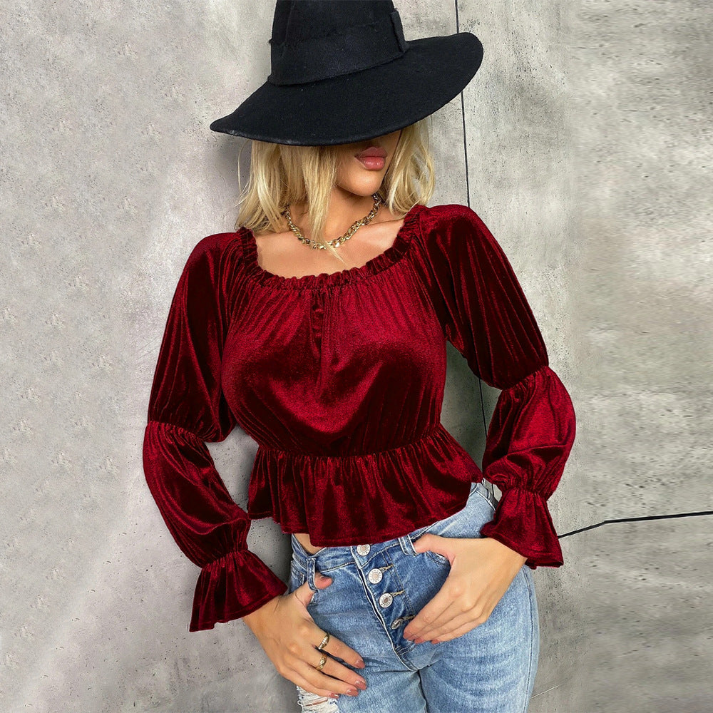 FRENCH STYLE VELVET LONG SLEEVE OFF SHOULDER TOP