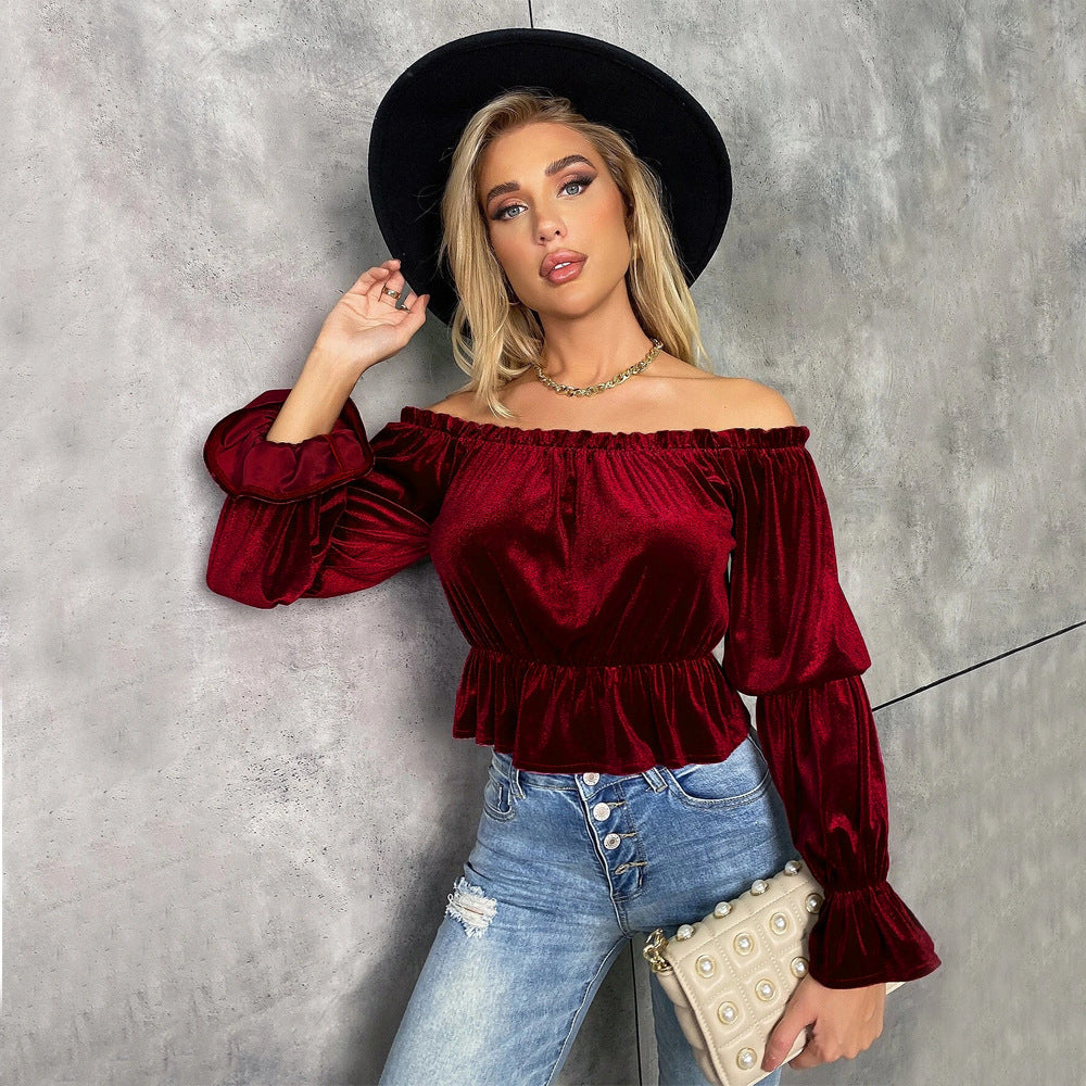 FRENCH STYLE VELVET LONG SLEEVE OFF SHOULDER TOP