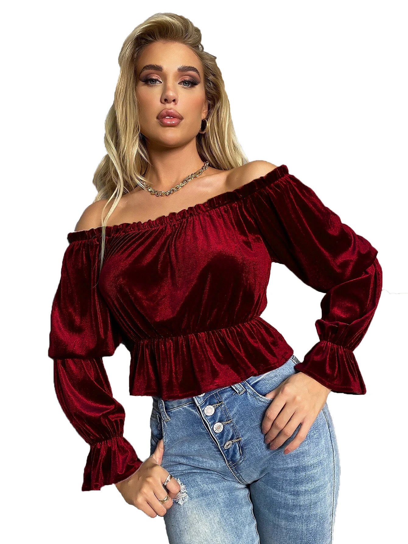 FRENCH STYLE VELVET LONG SLEEVE OFF SHOULDER TOP