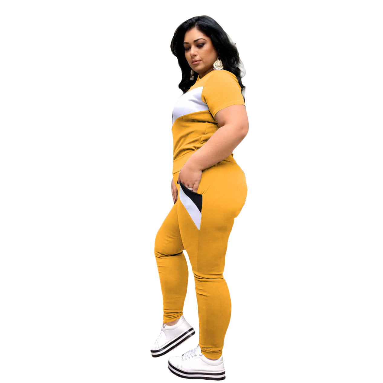 Two-Piece Patchwork Short-Sleeved Trousers Suit Plus Size Available Up To 4XL