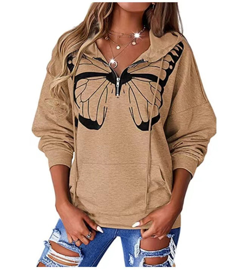 WOMENS LOOSE BUTTERFLY PRINT HOODED JUMPER up to 3XL