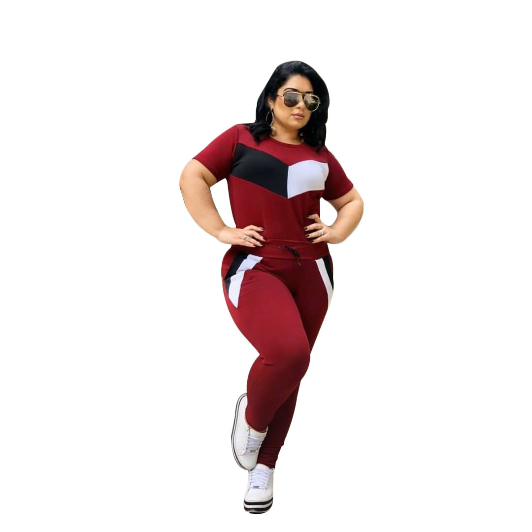 Two-Piece Patchwork Short-Sleeved Trousers Suit Plus Size Available Up To 4XL