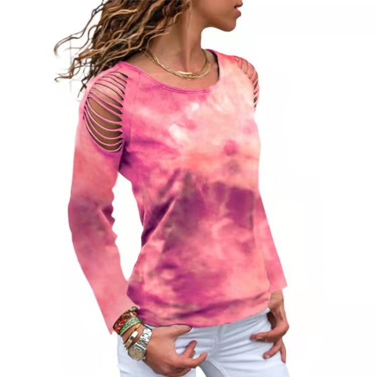 Tie-Dye Ripped Floral Off Shoulder Long Sleeve T-Shirt Plus Size Available Up To 5XL