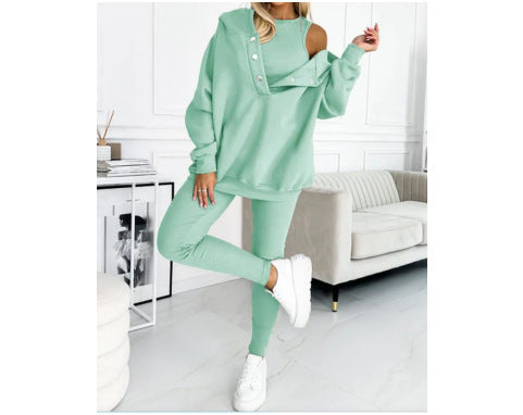 Women's Solid Colour Hoodie Vest And Trousers Set Plus Size Available