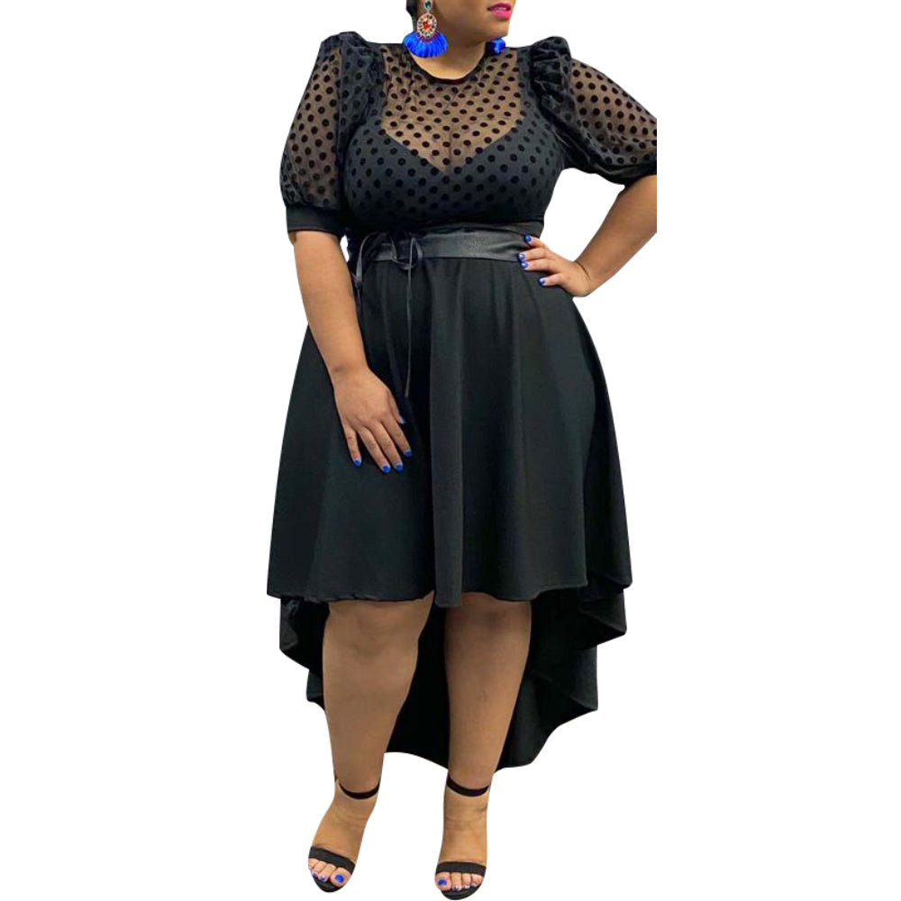 Solid Black Polka Dot Printed Dress Plus Size Available Up to 6XL