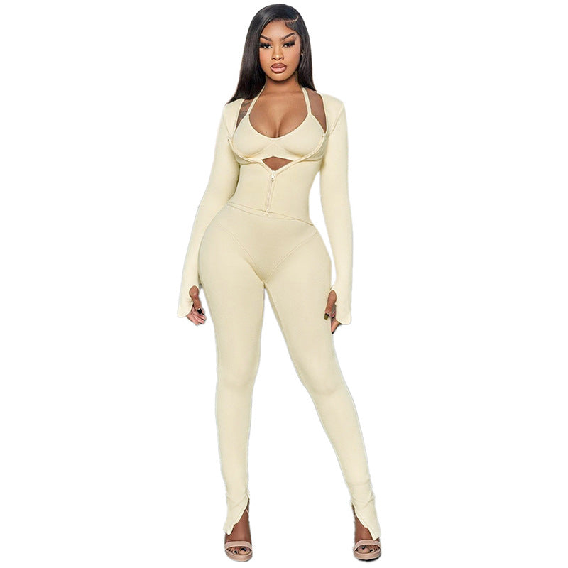 Two-Piece Double Open Long-sleeve Zipper Top And Trousers Suit