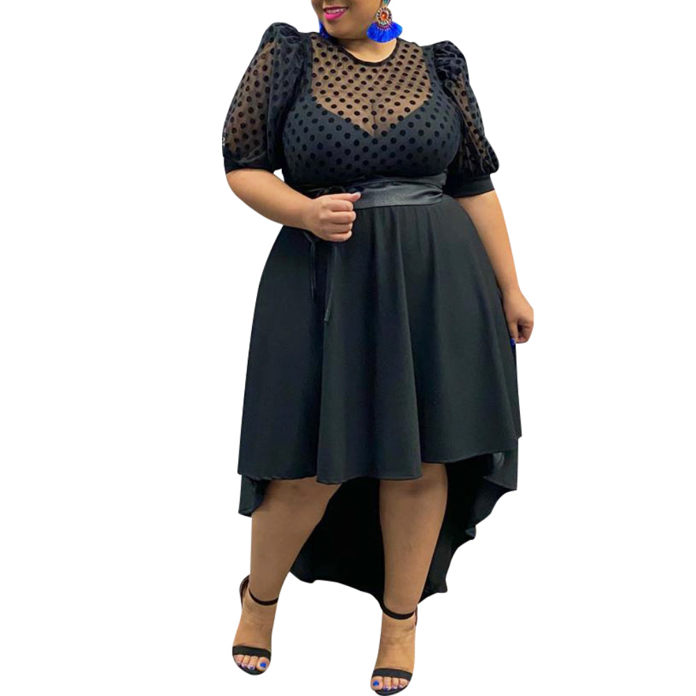 Solid Black Polka Dot Printed Dress Plus Size Available Up to 6XL