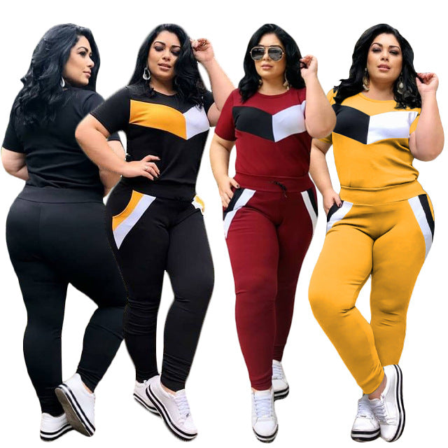 Two-Piece Patchwork Short-Sleeved Trousers Suit Plus Size Available Up To 4XL