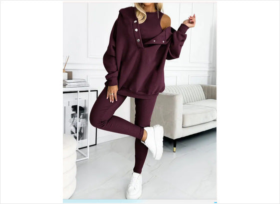 Women's Solid Colour Hoodie Vest And Trousers Set Plus Size Available