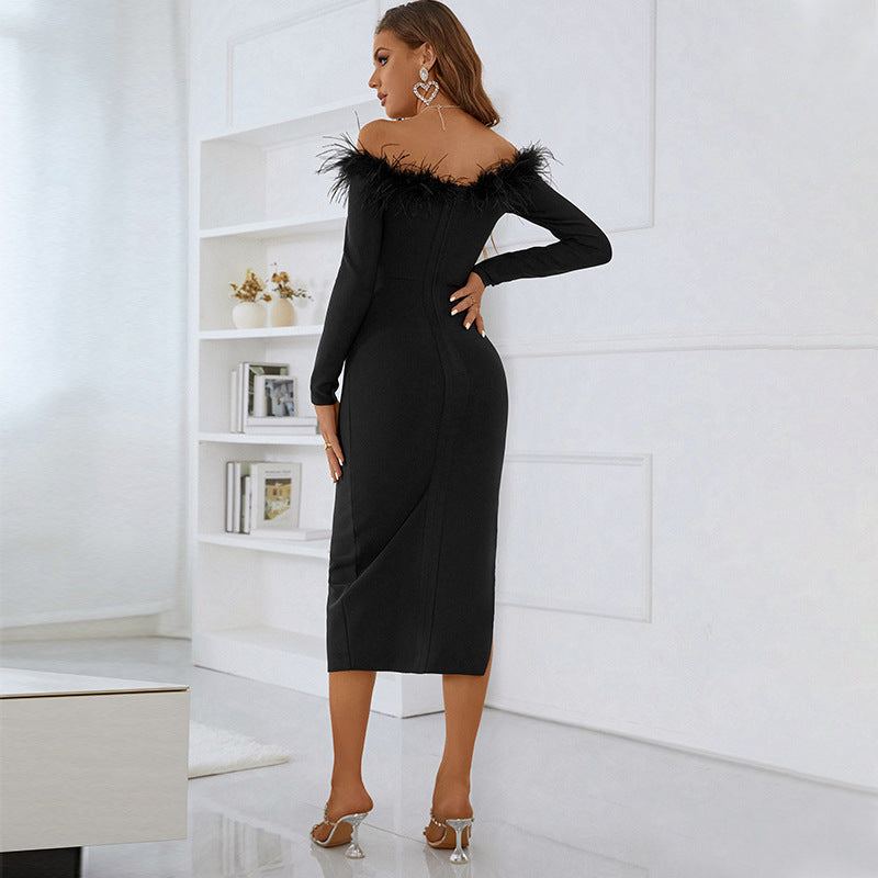 Women's Long Sleeve Bandage Feather Dress