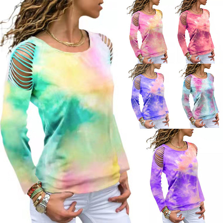 Tie-Dye Ripped Floral Off Shoulder Long Sleeve T-Shirt Plus Size Available Up To 5XL