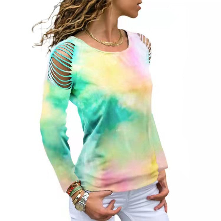 Tie-Dye Ripped Floral Off Shoulder Long Sleeve T-Shirt Plus Size Available Up To 5XL