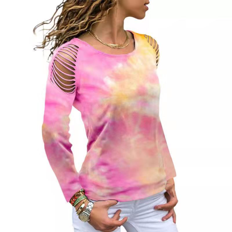 Tie-Dye Ripped Floral Off Shoulder Long Sleeve T-Shirt Plus Size Available Up To 5XL