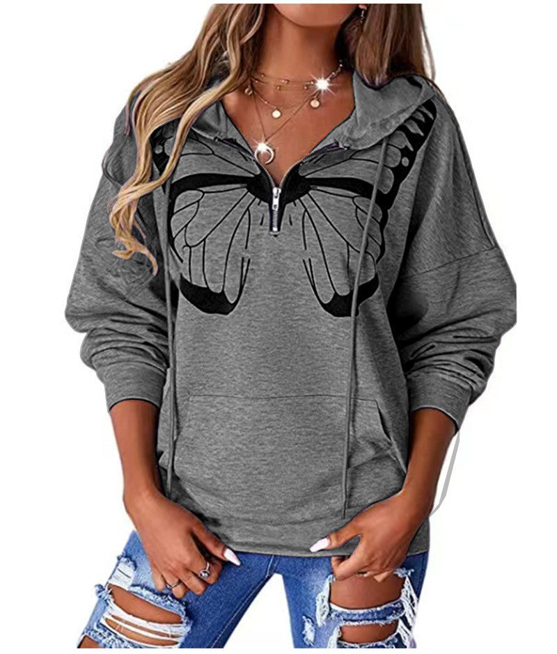 WOMENS LOOSE BUTTERFLY PRINT HOODED JUMPER up to 3XL