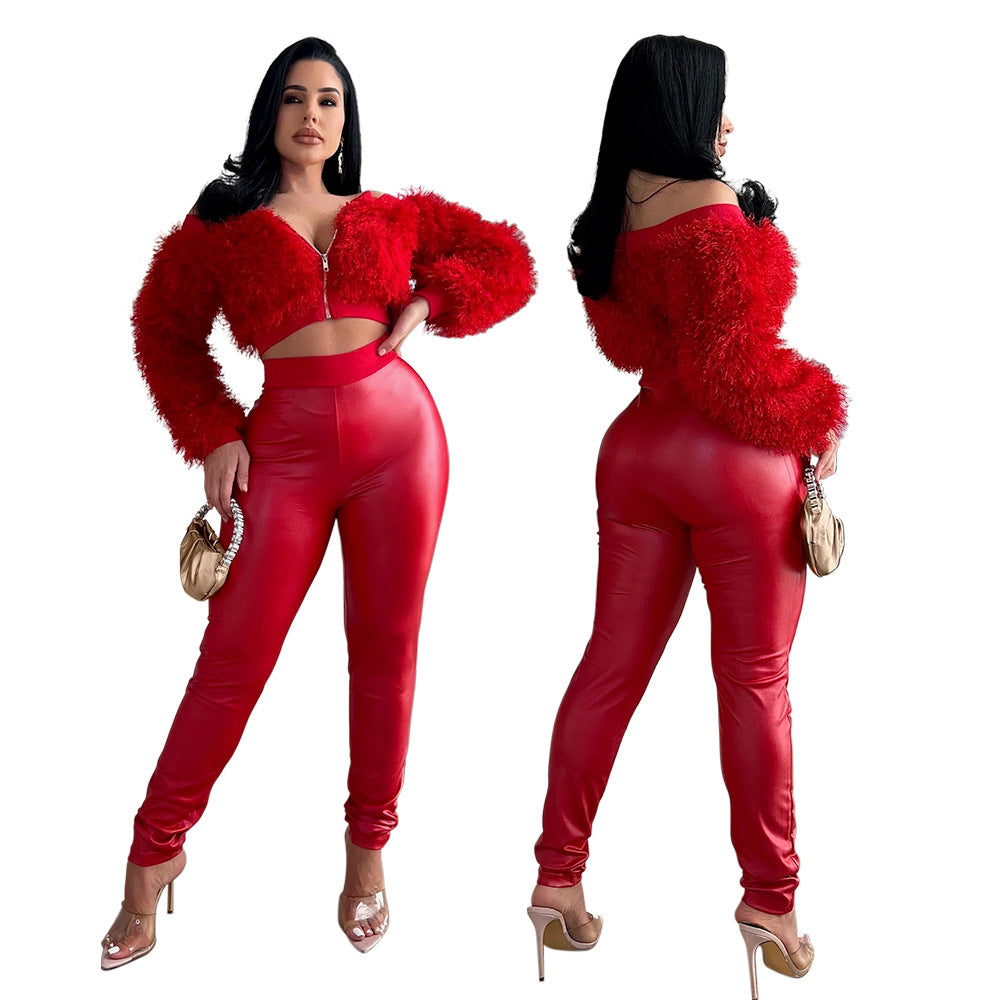 Two-piece Long Sleeved Furry Top With Trousers Set Plus Size Available