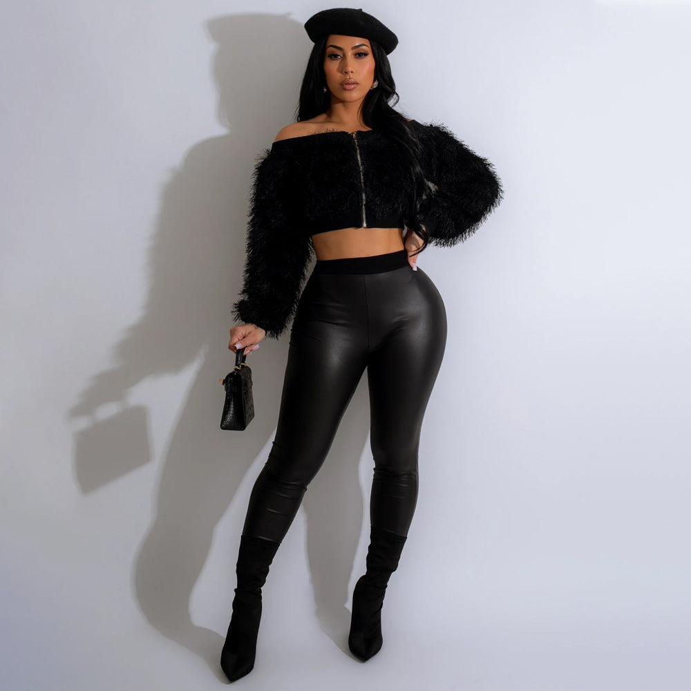 Two-piece Long Sleeved Furry Top With Trousers Set Plus Size Available