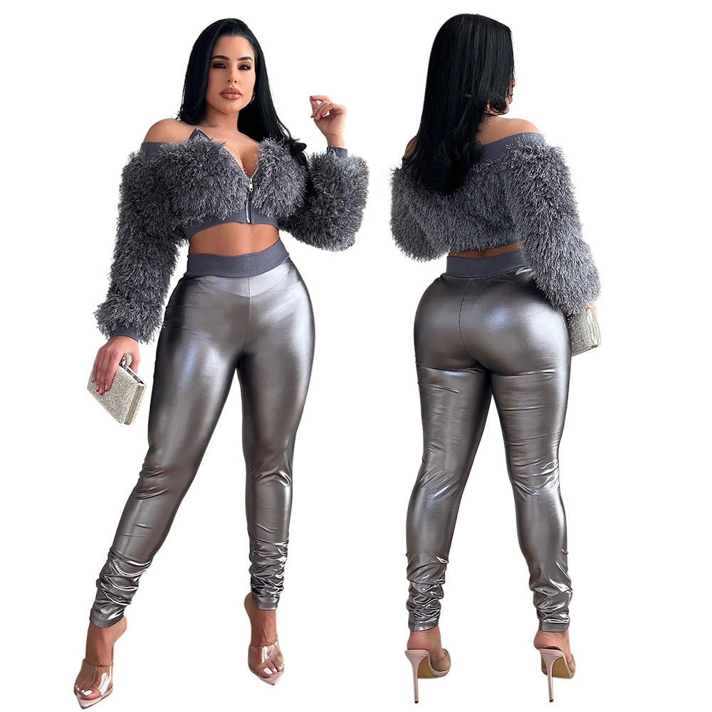 Two-piece Long Sleeved Furry Top With Trousers Set Plus Size Available