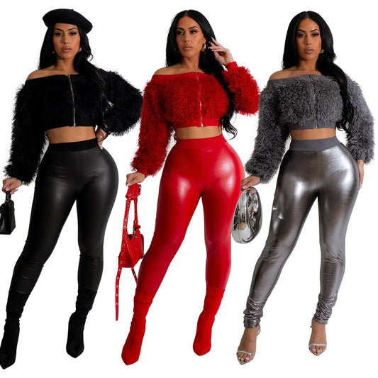 Two-piece Long Sleeved Furry Top With Trousers Set Plus Size Available