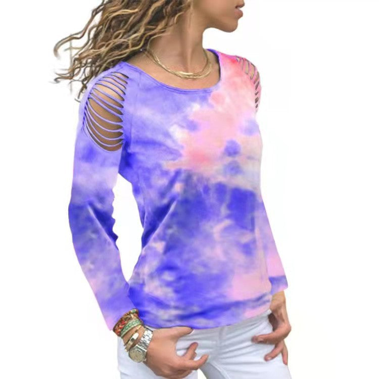 Tie-Dye Ripped Floral Off Shoulder Long Sleeve T-Shirt Plus Size Available Up To 5XL