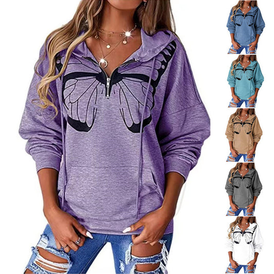 WOMENS LOOSE BUTTERFLY PRINT HOODED JUMPER up to 3XL