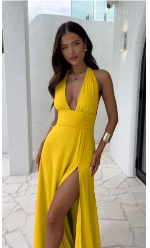 Sexy Halterneck V-neck Slit Backless Dress