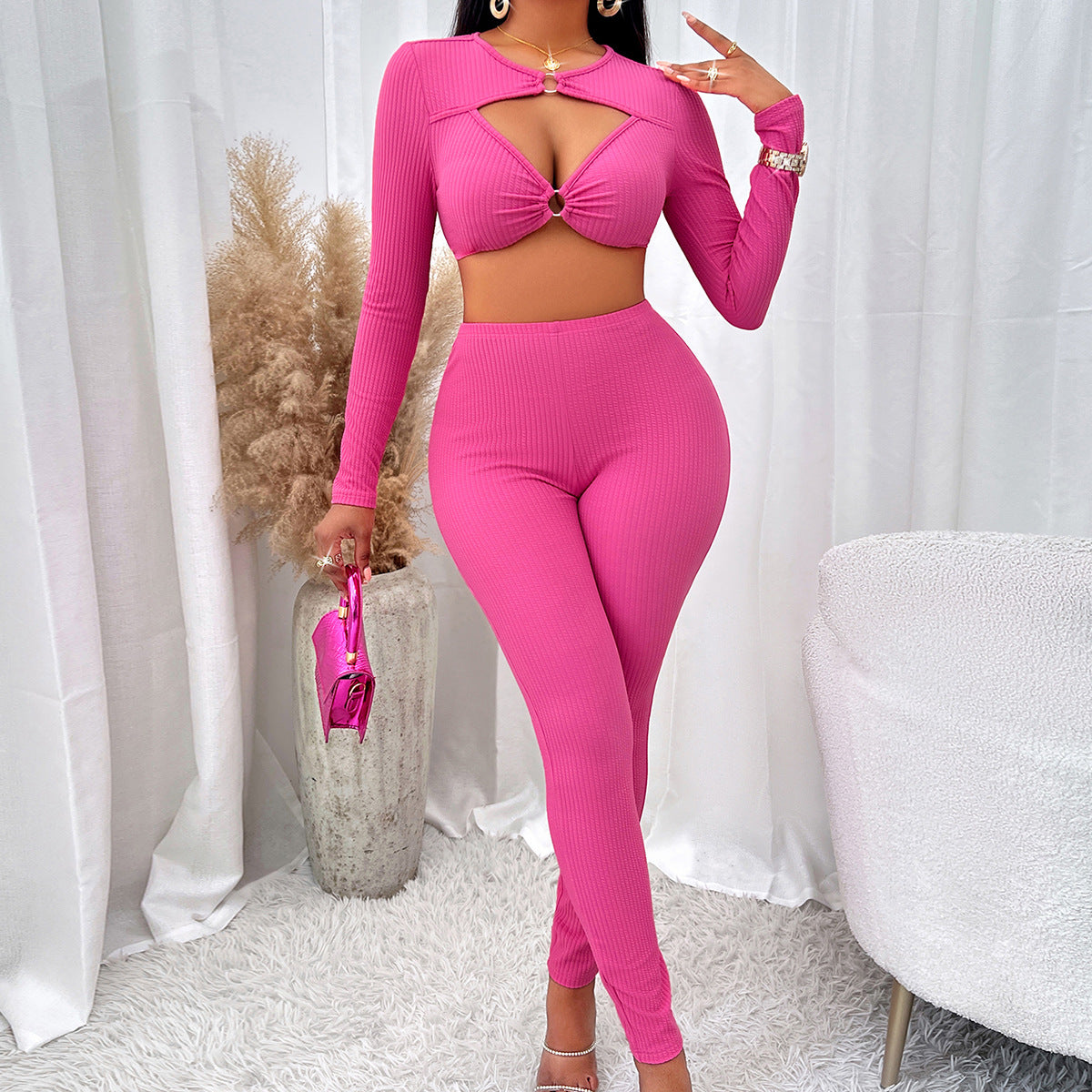 Women's V-neck Long Sleeve Leggings Suit