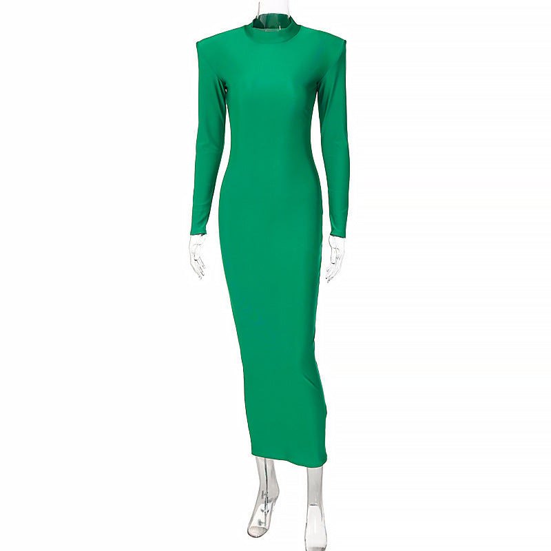 Elegant Round Neck Solid Colour Slim Fit Long Sleeve Dress