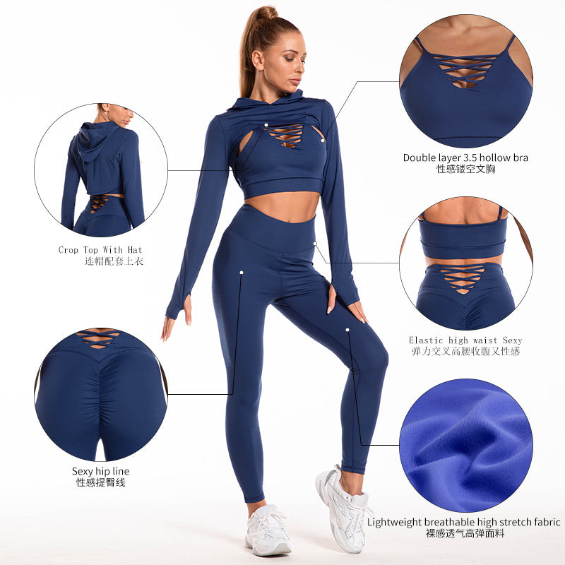 Three-Piece Long Sleeve Seamless Butt Lifting High Waist Leggings