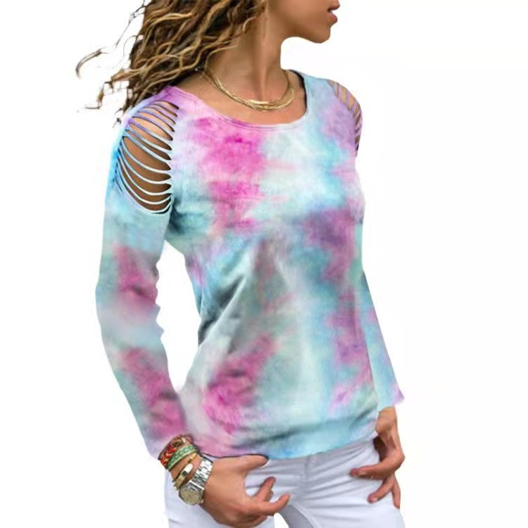 Tie-Dye Ripped Floral Off Shoulder Long Sleeve T-Shirt Plus Size Available Up To 5XL